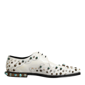 Dolce & Gabbana White Leather Crystals Embellished Derby Shoes