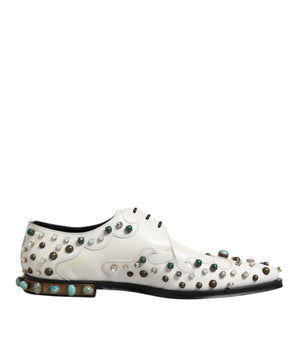 Dolce &amp; Gabbana White Leather Crystal Embellished Derby Shoes