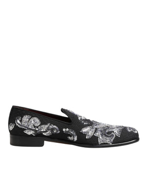 Dolce &amp; Gabbana Black Silver Sequined Loafers Men Dress Shoes