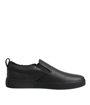Dolce & Gabbana Black Leather Low Top Slip On Sneakers Shoes