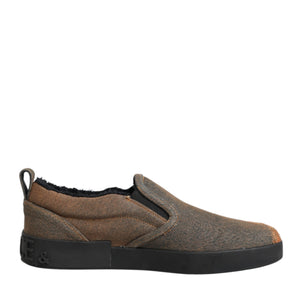 Dolce & Gabbana Brown Cotton Low Top Slip On Sneakers Shoes