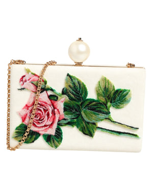 Dolce &amp; Gabbana White Rose Embroidery Silk Gold Frame Clutch Bag