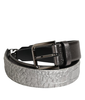 Dolce &amp; Gabbana Black Silver Pebbled Texture Leather Buckle Men Belt