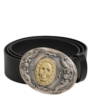 Dolce & Gabbana Black Leather Ornate Metal Buckle Men Belt