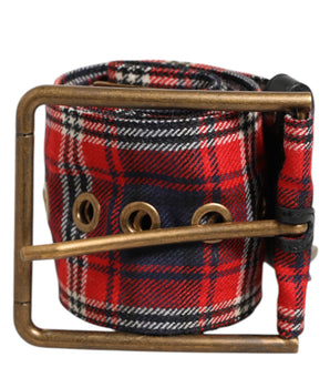 Dolce & Gabbana Red Plaid Fabric Logo Plate Brass Buckle Belt