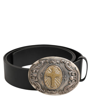 Dolce & Gabbana Black Leather Ornate Metal Buckle Men Belt
