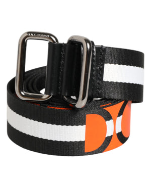 Dolce &amp; Gabbana Black White Striped Logo Metal Buckle Belt