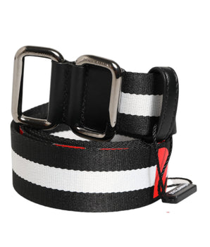 Dolce &amp; Gabbana Black White Striped Logo Metal Buckle Belt