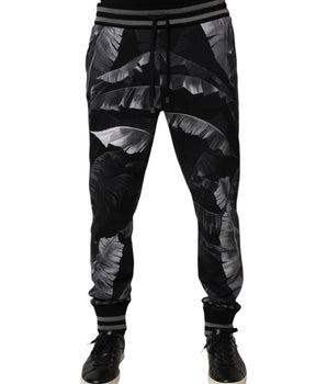 Dolce & Gabbana Black Banana Leaf Cotton Jogger Trouser Pants