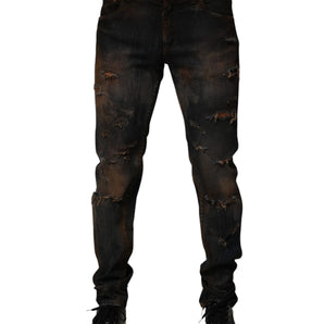 Dolce & Gabbana Black Cotton Skinny Tattered Men Denim Jeans