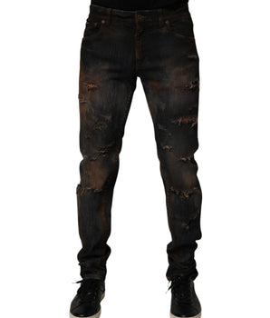 Dolce & Gabbana Black Cotton Skinny Tattered Men Denim Jeans