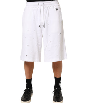Dolce & Gabbana White Cotton Ripped Bermuda Sweatpants Shorts