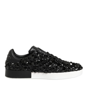Dolce & Gabbana Black Leather Crystal Low Top Sneaker Shoes
