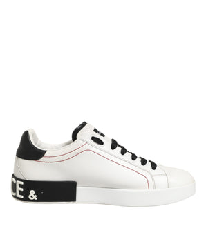 Dolce & Gabbana White Black Leather Low Top Sneaker Shoes