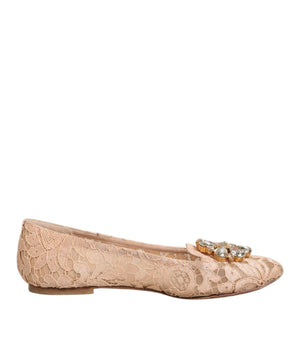 Dolce & Gabbana Beige Taormina Lace Crystals Flats Shoes
