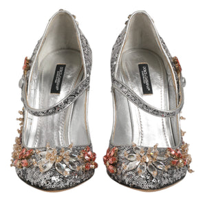 Dolce & Gabbana Silver Sequin Crystal Mary Janes Pumps Shoes