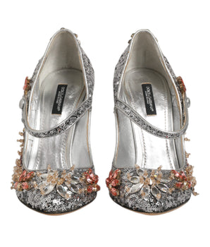 Dolce & Gabbana Silver Sequin Crystal Mary Janes Pumps Shoes