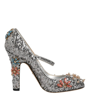 Dolce & Gabbana Silver Sequin Crystal Mary Janes Pumps Shoes