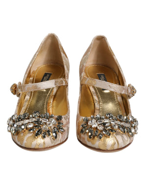 Dolce & Gabbana Gold Jacquard Crystal Mary Janes Pumps Shoes