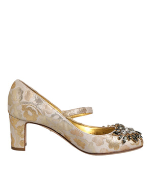 Dolce & Gabbana Gold Jacquard Crystal Mary Janes Pumps Shoes