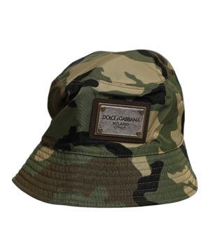 Dolce &amp; Gabbana Green Camouflage Polyamide Logo Bucket Cap Hat