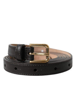 Dolce & Gabbana Black Leather Long Skinny Gold Metal Buckle Belt
