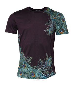 Dolce & Gabbana Violet Peacock Feather Men Crew Neck T-Shirt