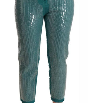 Blumarine Cadet Blue Sequined Low Waist Cropped Trouser Pants