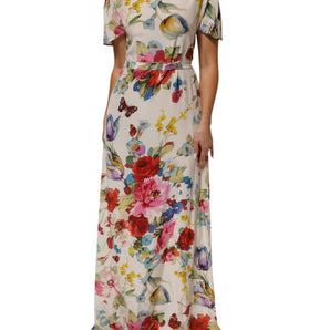 Dolce & Gabbana White Floral Print Silk Sheath LongGown Dress