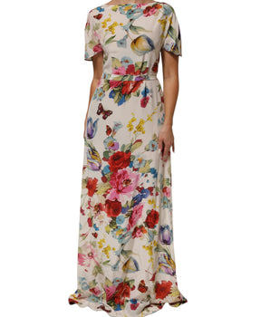 Dolce &amp; Gabbana White Floral Print Silk Sheath Long Dress