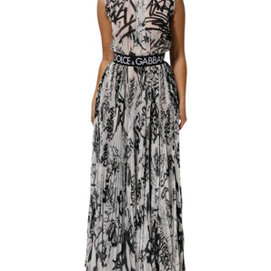 Dolce & Gabbana Black White Monogram Pleated Long Gown Dress