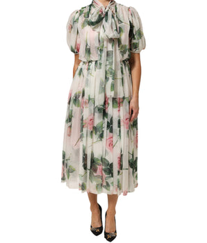 Dolce &amp; Gabbana White Floral Print Silk Pleated Midi Dress