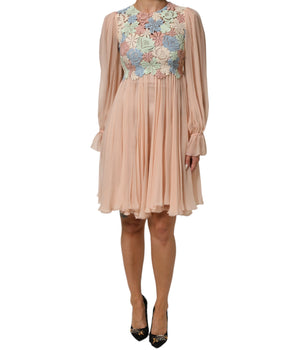 Dolce & Gabbana Pink Floral Embroidery Pleated A-line Dress