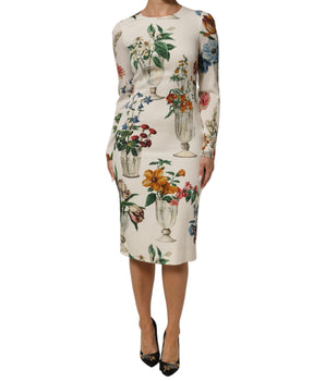 Dolce &amp; Gabbana White Flower Vase Silk Sheath Midi Dress
