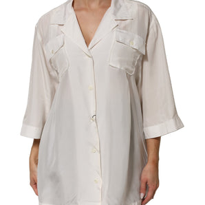 Dolce & Gabbana Off White Silk Button Down Polo Shirt Top