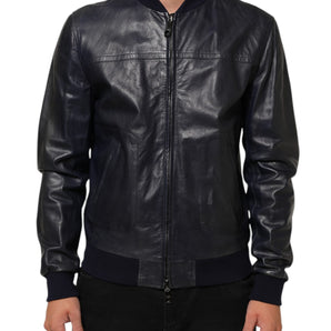 Dolce & Gabbana Blue Leather Full Zip Biker Blouson Jacket