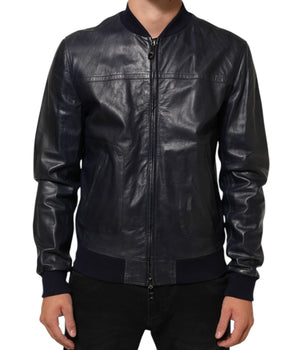 Dolce & Gabbana Blue Leather Full Zip Biker Blouson Jacket