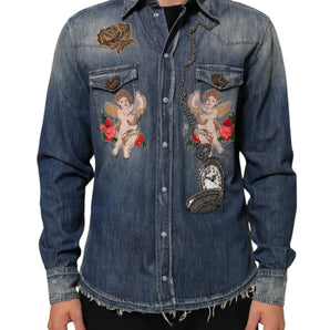 Dolce & Gabbana Blue Angel Patch Denim Buttoned Down Men Shirt