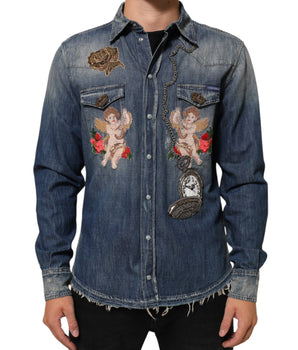Dolce & Gabbana Blue Angel Patch Denim Buttoned Down Men Shirt