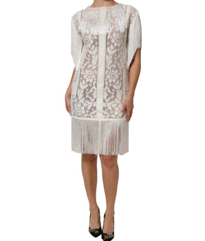 Dolce & Gabbana White Floral Lace Fringe Knee Length Dress