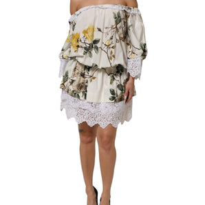 Dolce & Gabbana White Floral Lace Off Shoulder Mini Dress