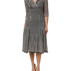 Dolce & Gabbana Black White Stripes Silk V-neck Midi Dress