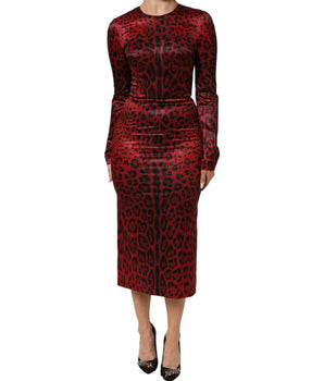 Dolce & Gabbana Red Leopard Sheath Long Sleeves Dress