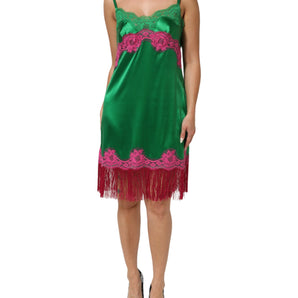 Dolce & Gabbana Green Floral Lace Fringes Lingerie Dress