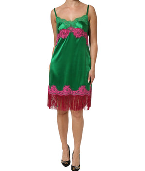 Dolce & Gabbana Green Floral Lace Fringes Lingerie Dress