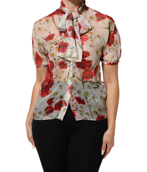 Dolce &amp; Gabbana White Floral Tie-Neck Poppy Print Blouse Top