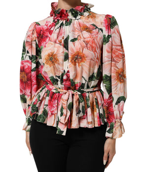 Dolce & Gabbana Pink Floral Printed Silk Ruffled Blouse Top