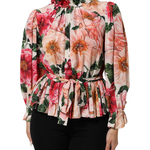 Dolce & Gabbana Pink Floral Printed Silk Ruffled Blouse Top