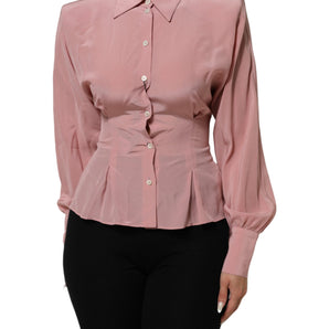 Dolce & Gabbana Pink Silk Collared Long Sleeves Blouse Top