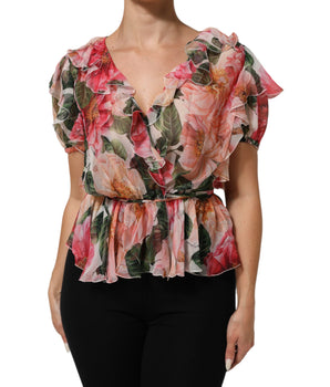 Dolce & Gabbana Pink Camellias Printed Silk V-neck Blouse Top